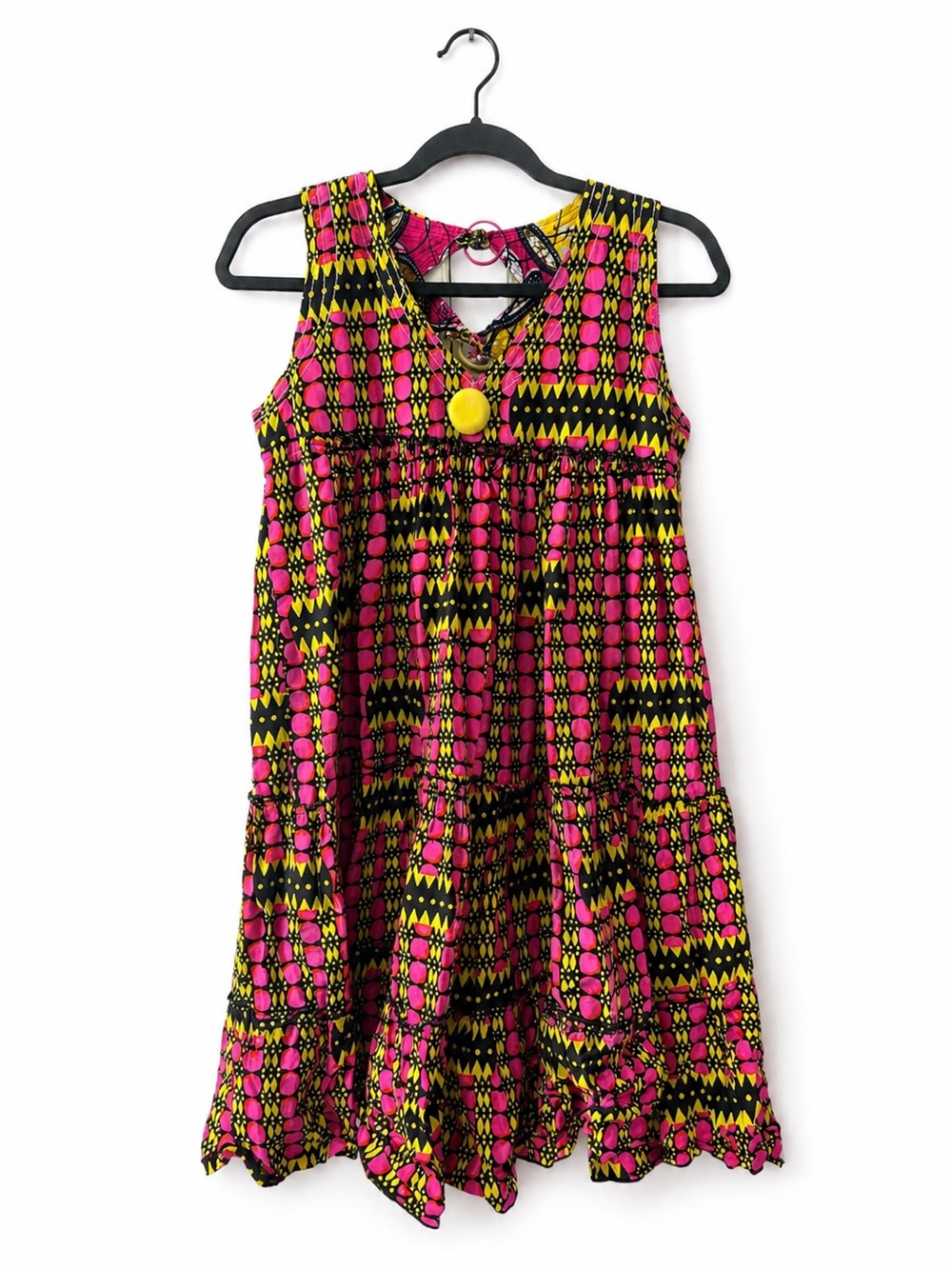 Handmade Tiered Boho Sundress Pink Yellow Black Geometric Print Artisan